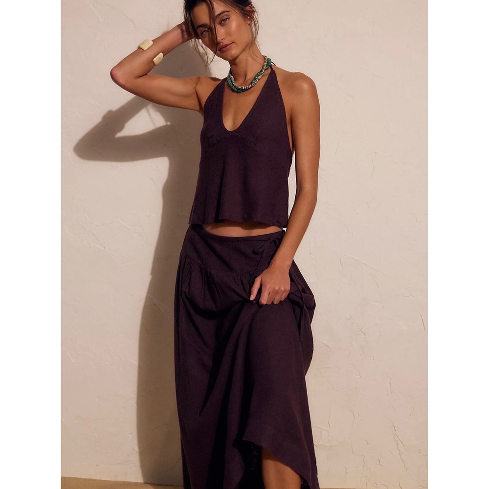 Free People Sandshell Linen Skirt Set Fudge Halter Maxi XS OB2462083